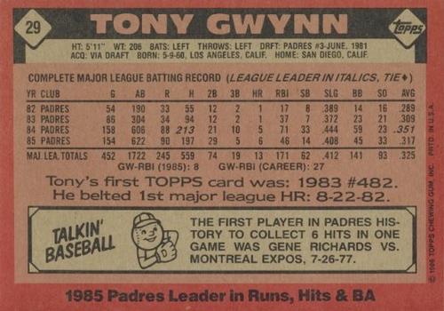 1986 Topps Super #29 Tony Gwynn Back