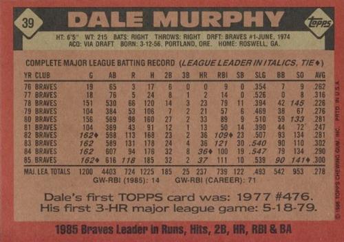 1986 Topps Super #39 Dale Murphy Back