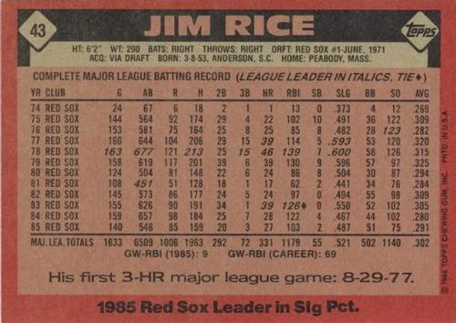 1986 Topps Super #43 Jim Rice Back