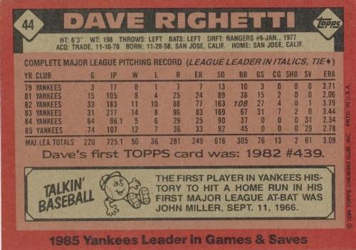 1986 Topps Super #44 Dave Righetti Back