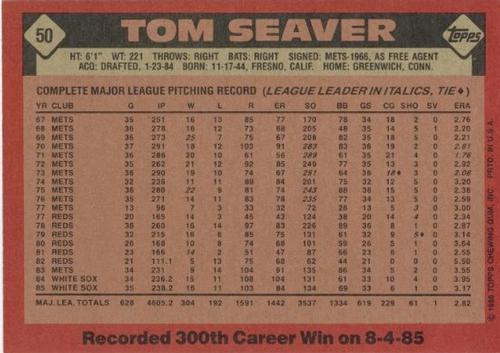 1986 Topps Super #50 Tom Seaver Back