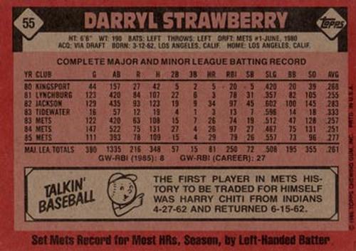 1986 Topps Super #55 Darryl Strawberry Back