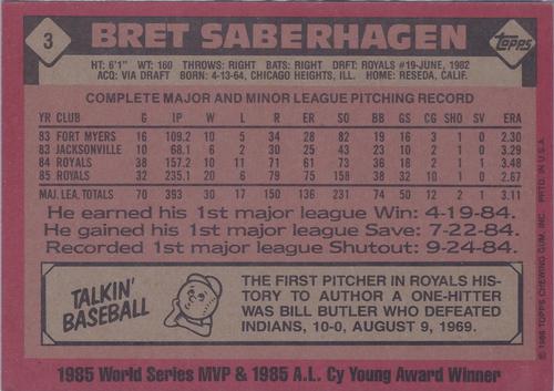 1986 Topps Super #3 Bret Saberhagen Back