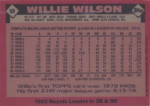 1986 Topps Super #59 Willie Wilson Back
