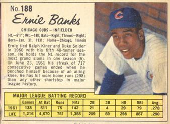 1962 Jell-O #188 Ernie Banks Front