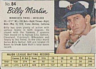 1962 Jell-O #84 Billy Martin Front