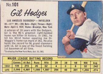 1962 Jell-O #101 Gil Hodges Front