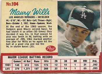 1962 Post Cereal #104 Maury Wills Front