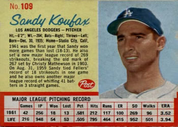 1962 Post Cereal #109 Sandy Koufax Front