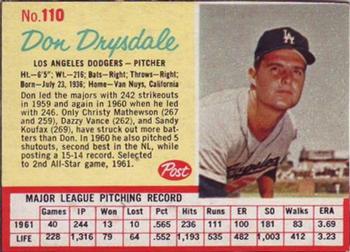 1962 Post Cereal #110 Don Drysdale Front