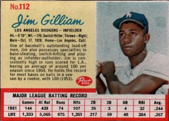 1962 Post Cereal #112 Jim Gilliam Front