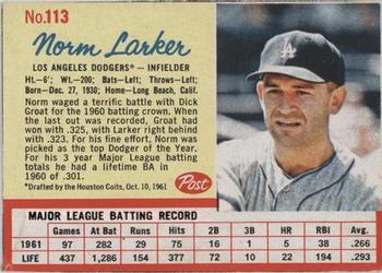 1962 Post Cereal #113 Norm Larker Front