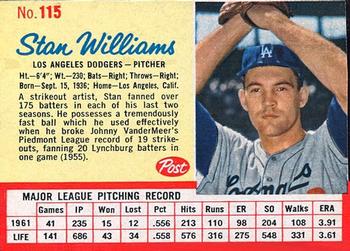 1962 Post Cereal #115 Stan Williams Front