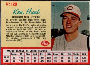 1962 Post Cereal #129 Ken Hunt Front