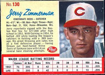 1962 Post Cereal #130 Jerry Zimmerman Front