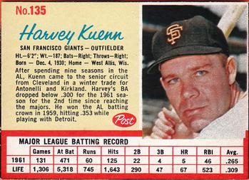 1962 Post Cereal #135 Harvey Kuenn Front