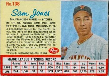 1962 Post Cereal #138 Sam Jones Front