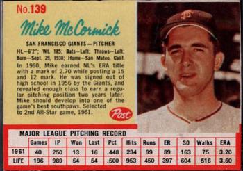 1962 Post Cereal #139 Mike McCormick Front