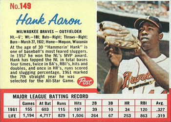 1962 Post Cereal #149 Hank Aaron Front