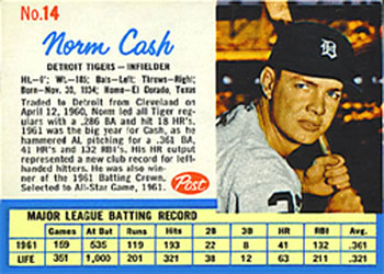 1962 Post Cereal #14 Norm Cash Front