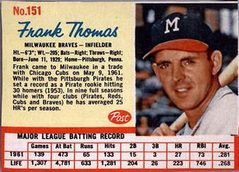 1962 Post Cereal #151 Frank Thomas Front