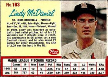 1962 Post Cereal #163 Lindy McDaniel Front