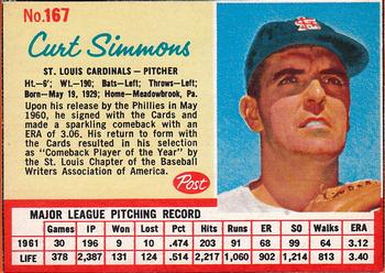 1962 Post Cereal #167 Curt Simmons Front
