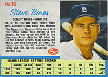 1962 Post Cereal #16 Steve Boros Front