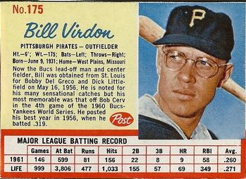 1962 Post Cereal #175 Bill Virdon Front