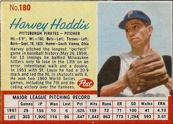 1962 Post Cereal #180 Harvey Haddix Front