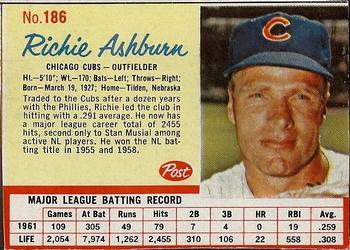1962 Post Cereal #186 Richie Ashburn Front