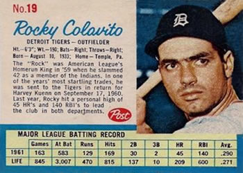 1962 Post Cereal #19 Rocky Colavito Front