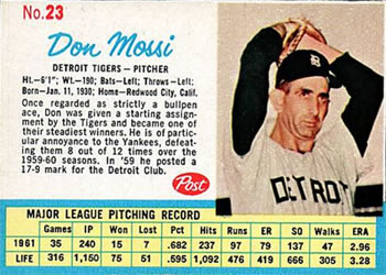 1962 Post Cereal #23 Don Mossi Front