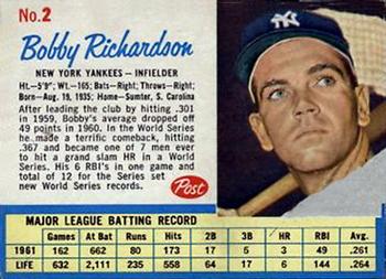 1962 Post Cereal #2 Bobby Richardson Front