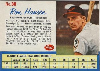 1962 Post Cereal #30 Ron Hansen Front
