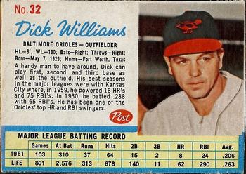 1962 Post Cereal #32 Dick Williams Front
