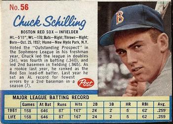1962 Post Cereal #56 Chuck Schilling Front