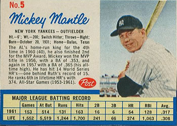 1962 Post Cereal #5a Mickey Mantle Front
