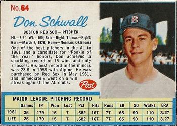 1962 Post Cereal #64 Don Schwall Front