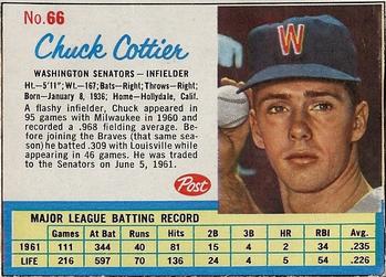 1962 Post Cereal #66 Chuck Cottier Front