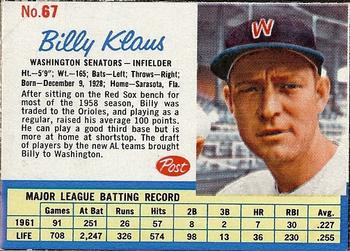 1962 Post Cereal #67 Billy Klaus Front