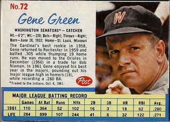 1962 Post Cereal #72 Gene Green Front
