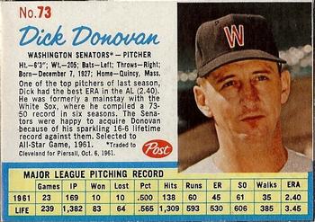 1962 Post Cereal #73 Dick Donovan Front