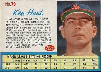 1962 Post Cereal #79 Ken Hunt Front
