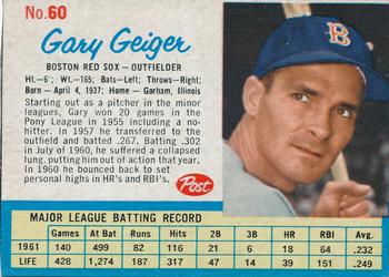 1962 Post Cereal #60 Gary Geiger Front