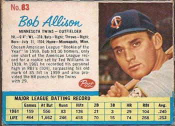 1962 Post Cereal #83 Bob Allison Front
