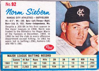 1962 Post Cereal #92 Norm Siebern Front
