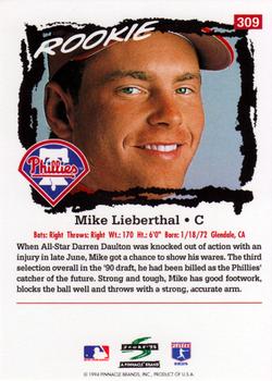 1995 Score #309 Mike Lieberthal Back
