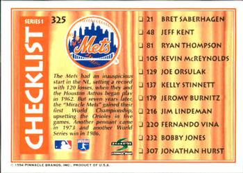 1995 Score #325 Checklist: Twins / Mets Back