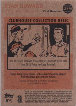 2011 Topps Heritage - Clubhouse Collection Relics #CCR-RH Ryan Howard Back